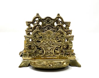 Antique Brass Letter Holder Victorian Era Desk Organizer Stamp Holder