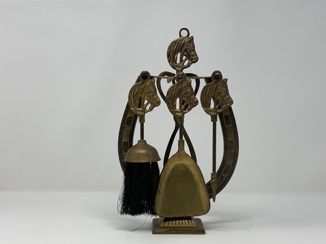 Vintage Brass Horse Head Fireplace 4 Tool Set With Horseshoe Etsy