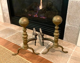 Vintage Brass Cannonball Andirons l Fire Dogs l Log Holders l Traditional Federal l Chippendale l Ornate Brass Andirons