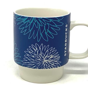 Starbucks 2016 Blue Floral Big Poms 12 Oz Stackable Coffee Mug Tea Cup