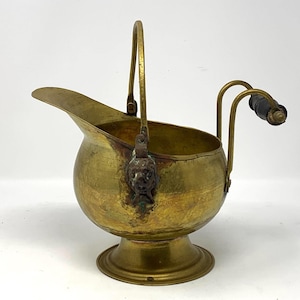 Vintage Brass Minature Coal Hod With Wooden Handle l Coal Scuttle