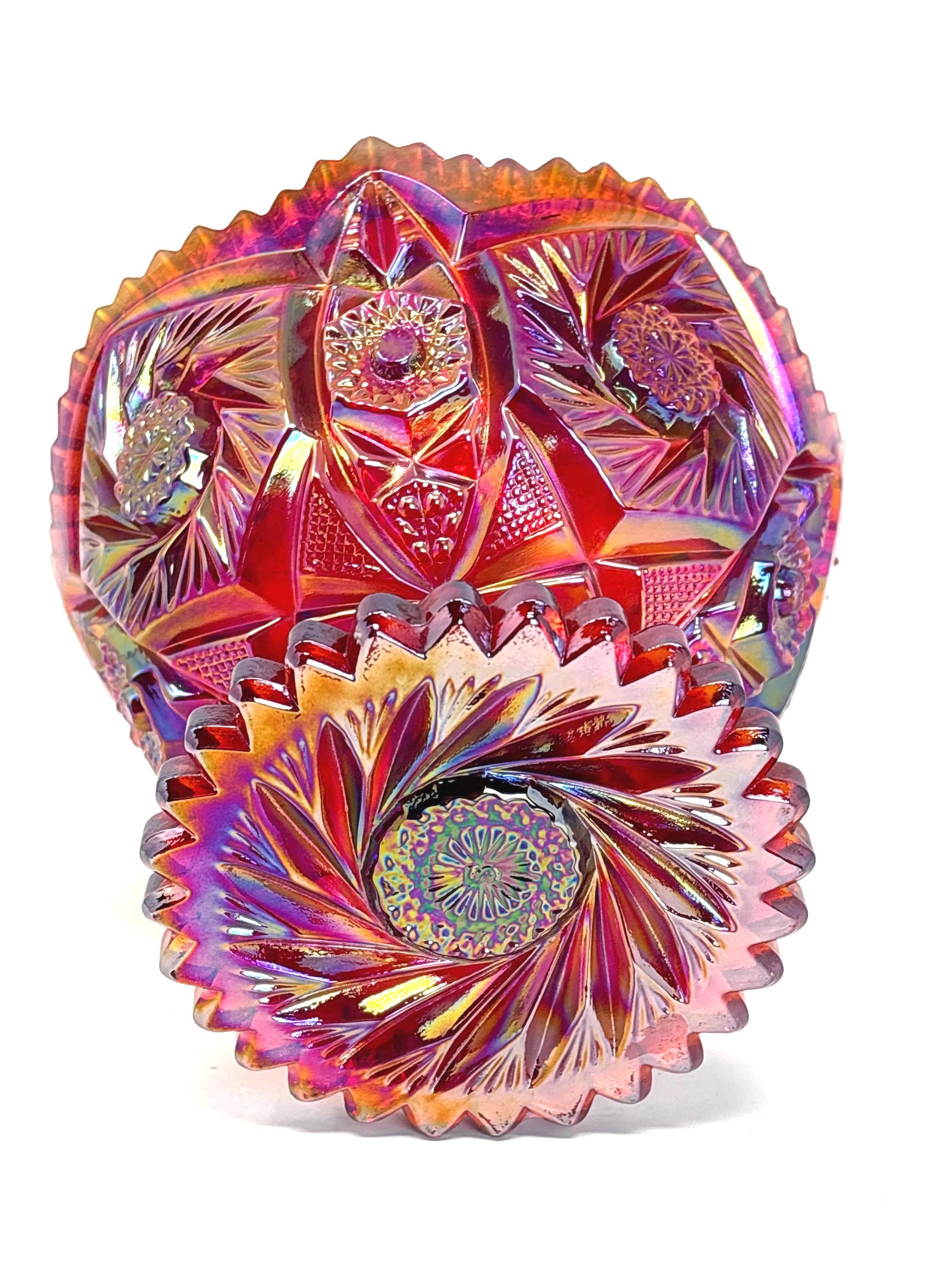 Vintage L.E. Smith Ruby Red Carnival Glass Pedestal Bowl Aztec Pinwheel ...