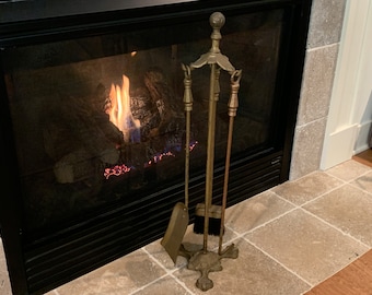Vintage 3 Piece Gold Hammered Fireplace Tool Set With Stand