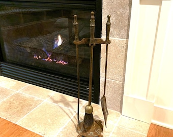 Vintage 3 Piece Gold Hammered Fireplace Tool Set With Stand