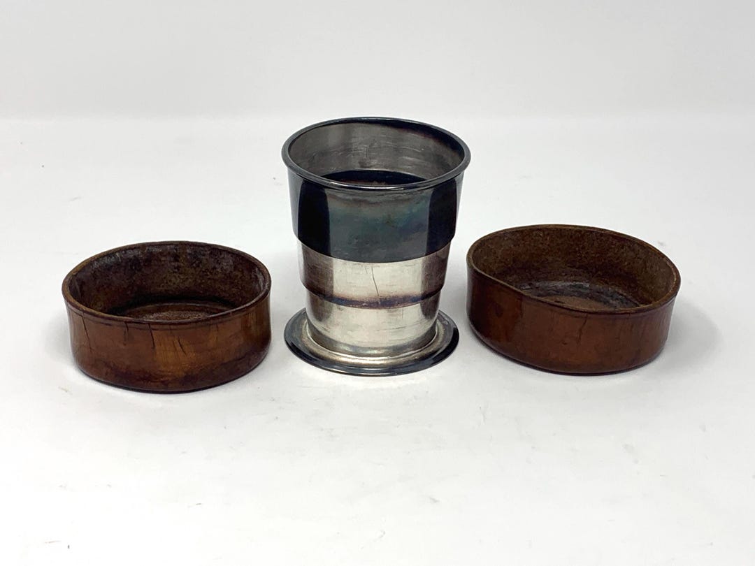 Vintage Wilcox Co Silver Plate Travel Collapsible Cup in Leather