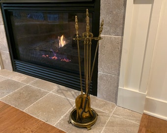 Vintage 3 Piece Brass Fireplace Tool Set With Stand