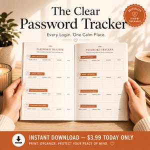 Könnte beinhalten: Ein offenes Passwort-Tracker-Notizbuch mit dem Titel "The Clear Password Tracker" und dem Slogan "Every Login. One Calm Place." Das Notizbuch ist auf zwei Seiten mit Abschnitten für verschiedene Kontotypen geöffnet. Das Bild enthält den Text "Instant Download" und "Bestseller".