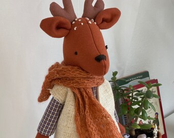 Premium Linen Heirloom Soft Animal Toys - Muki Puki  Art Dolls - Hand Stitched Timeless Fawn ,Rag Doll, Christmas Gift Doll, Handmade Deer