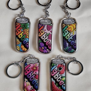 Peut inclure: Cinq breloques en acrylique colorées en forme de canettes en aluminium avec le mot "labttea" imprimé dessus. Chaque breloque présente un motif de fruit différent.