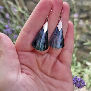 May include: A pair of drop earrings featuring triangular, iridescent dark blue and black shell pendants suspended from polished silver-toned metal caps and thin silver-toned wire hooks that hang vertically from the top of the earring structure.