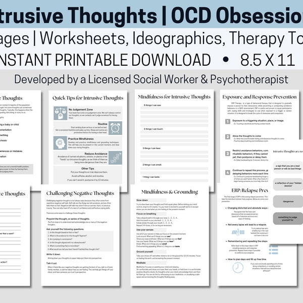 Intrusive Thoughts OCD Obsessions Therapy Worksheets Journaling Prompts Self Help for Therapists School Counselors Psychology
