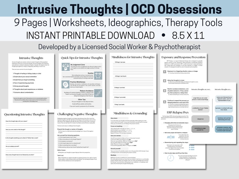 Intrusive Thoughts OCD Obsessions Therapy Worksheets Journaling Prompts Self Help for Therapists School Counselors Psychology image 1