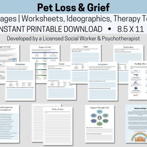 May include: A printable PDF download of 13 pages of worksheets, ideographics, and therapy tools for processing pet loss and grief. The pages are designed to help people cope with the emotional and practical challenges of losing a pet. The title of the product is "Pet Loss & Grief" and the subtitle is "13 Pages | Worksheets, Ideographics, Therapy Tools". The product is available for instant download and is 8.5 x 11 inches.