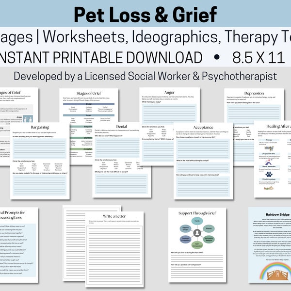 Pet Loss and Grief Therapy Worksheets for Self-Help, for Therapists, for School Counsellors, Journal Instant Digital Downloads Mental Health