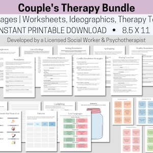 May include: A printable couples therapy bundle with 20 pages of worksheets, ideographics, and therapy tools. The bundle includes topics such as forgiveness, boundaries, setting boundaries, apologizing, healthy boundaries, discussing finances, conflict resolution strategies, sharing your past, gaslighting, love languages, and small moments that mean a lot. The bundle is 8.5 x 11 inches.