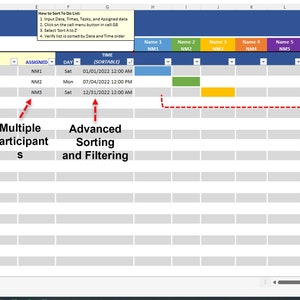 Può includere: Uno screenshot di un programma di foglio di calcolo con un programma settimanale delle attività. Il foglio di calcolo è codificato a colori e ha una sezione per l'assegnazione delle attività a più partecipanti. Il foglio di calcolo ha anche funzioni avanzate di ordinamento e filtraggio.