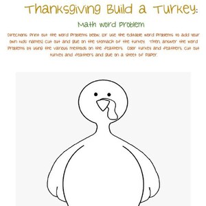 First (1st) Grade Thanksgiving Math Activity: Build-a-Turkey Word Problems | Interactive Learning | Seasonal Fun | Instant Digital Download&quot;