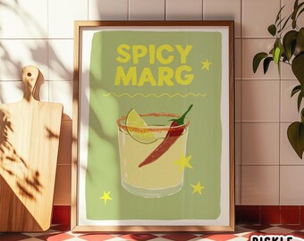 SPICY MARG Margarita Cocktail, Quirky Illustration Sketch Drawing, Print Poster, Colourful Home Decor Bar Cart Kitchen Wall Decor