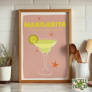 MARGARITA Cocktail, Quirky Illustration Sketch Drawing, Print Poster, Colourful Home Decor Bar Cart Kitchen Wall Decor Lime Unique Pink