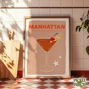 MANHATTAN Cocktail, Quirky Illustration Sketch Drawing, Print Poster Colourful Home Decor Bar Cart Kitchen Wall Decor Whiskey Cherry Martini