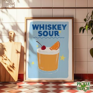WHISKEY SOUR Cocktail, Quirky Illustration Sketch Drawing, Print Poster, Colourful Home Decor Bar Cart Kitchen Wall Decor Cherry Orange