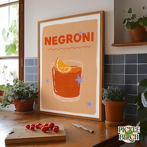 NEGRONI Cocktail, Quirky Illustration Sketch Drawing, Print Poster, Colourful Home Decor Bar Cart Kitchen Wall Decor Orange Gin Drink