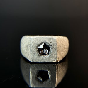 Black Star Pentagon Spinel Signet Ring, Sterling Silver Chunky Matte Band, IN STOCK