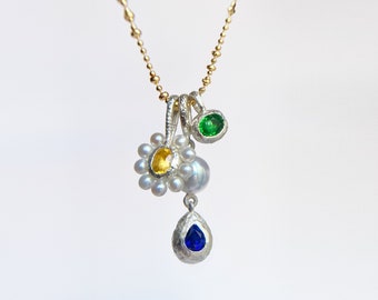 Convertible Multi-Pendant Necklace with Sapphires, Tsavorite & Pearls, Sterling Silver, IN STOCK