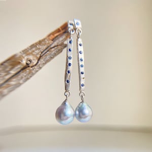 Ready to ship! Japanese Natural Seawater Iridescent Pearl Drop Earrings with Blue Sapphire, Unique Rough Silver Jewelry Gift
