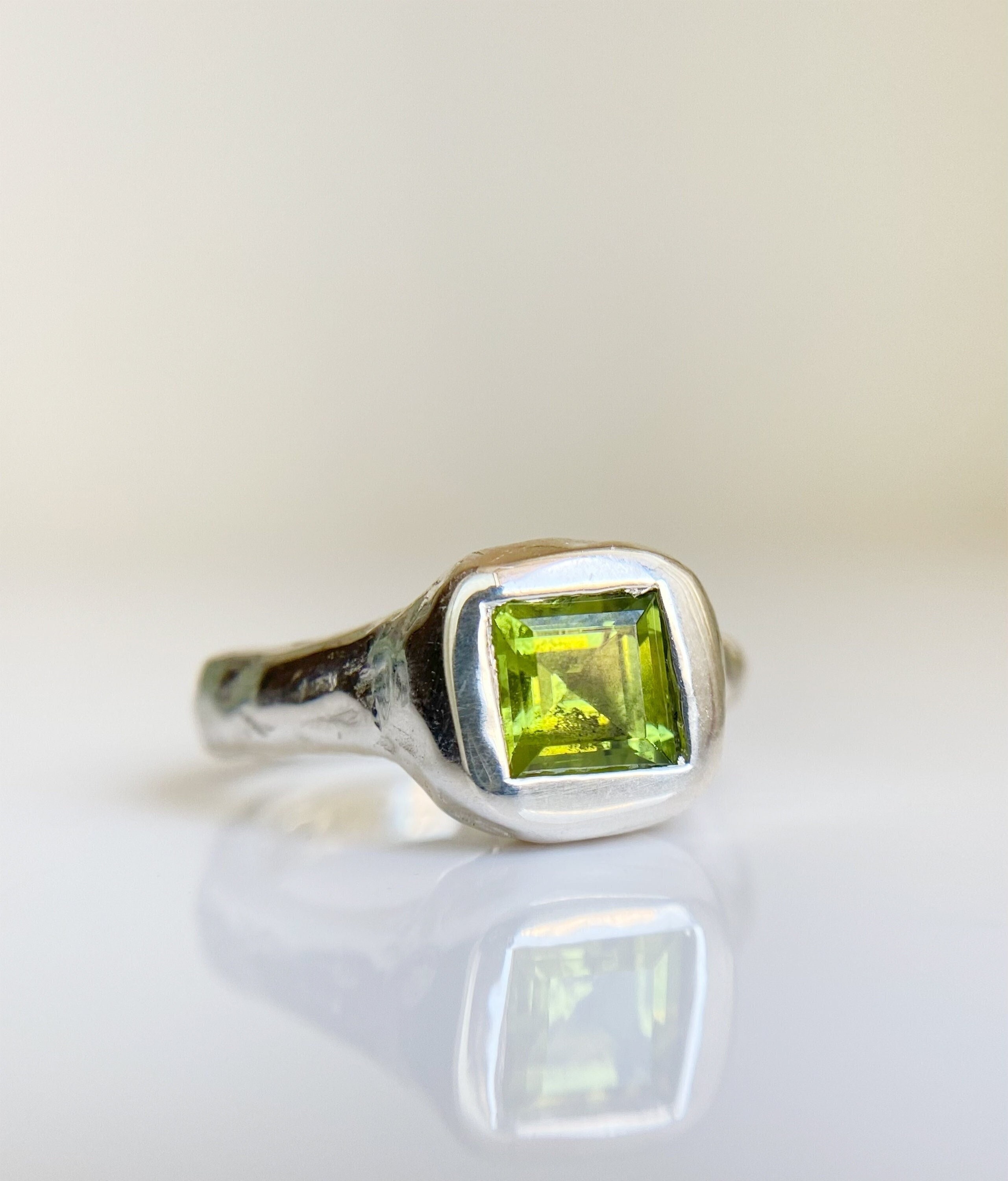 Peridot Signet Ring, Chunky Sterling Silver, Made to Order