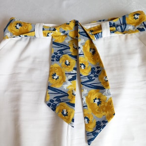 Belt, headband, fabric headband, tie belt, fabric belt with yellow and gray flowers.