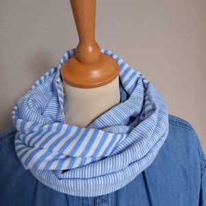 Double snood gaze de coton bleu et blanc,  snood double gaze rayé, mixte