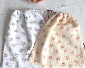 Double gauze cotton bag, floral cotton gauze drawstring bag, double gauze cotton.