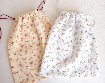 Double gauze cotton bag, floral cotton gauze drawstring bag, double gauze cotton.