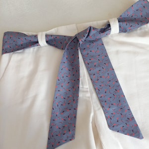 Belt, headband, fabric headband, tie belt, blue denim fabric belt with small patterns.