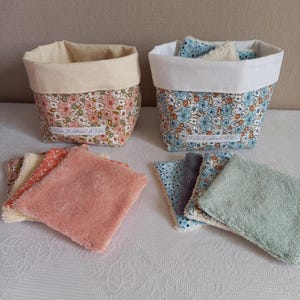 Basket and washable cotton pads, reusable cotton pads, bamboo terry velvet, washable wipes, makeup remover wipes, pink or pastel blue