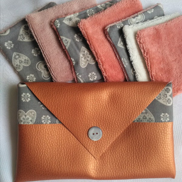 Lingettes lavables avec pochette assortie - Léopard + argenté ou Coeur + cuivré - simili cuir