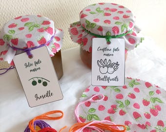 Jam jar covers X 3, fabric with raspberries, with ties, labels, elastics, 2 sizes to choose from.