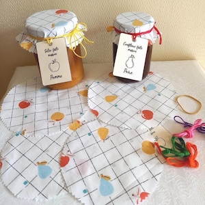Couvre pot de confiture X 3, tissu avec des pommes et des poires, avec liens, étiquettes, élastiques, 2 tailles au choix