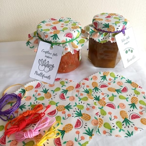 3 Marmeladenglasdeckel, Stoff mit gemischtem Fruchtmuster, mit Bändern, Etiketten und Gummibändern, in 2 Größen erhältlich