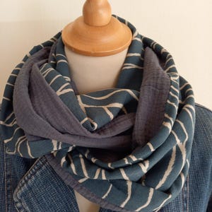 May include: A teal and grey infinity scarf with a white wave pattern, displayed on a mannequin. The scarf is made of two layers of fabric, with a denim jacket visible in the background. The scarf is a stylish accessory.