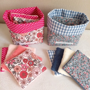 Basket and washable cotton pads, reusable cotton pads, bamboo terry velvet, washable wipes, makeup remover wipes, pink or blue