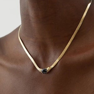 Emerald Chain Necklace - Snake Chain Choker - Oval Cz Necklace - Gold Flat Herringbone Chain - Thick Colorful Necklace - Gift For Her