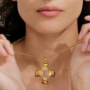 Chunky Crystal Cross Pendant Necklace: 18K Gold Stainless Steel