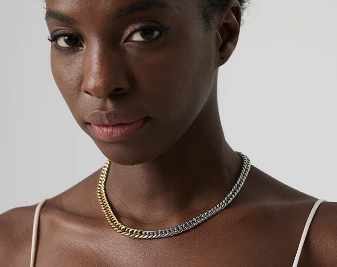 Chaîne cubaine chunky, choker à chaîne à large bordure, maillon cubain bicolore, choker à chaîne imperméable, collier de chaîne en or, collier de chaîne à couches épaisses