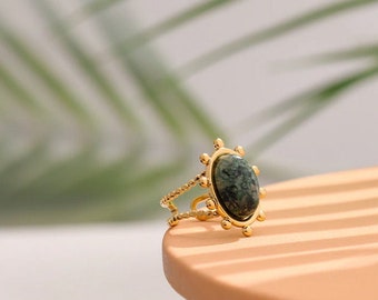 Oval Ring, Statement Gold Ring, African Turquoise Stone Ring, Green Gemstone Ring, Wide Ring, Open Finger Ring, Gift For Her