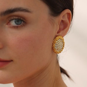 Oversized Studs, CZ Earrings, Irregular Geometric Earrings, Oval Bling Zirconia Gold Earrings, Big Chunky Studs, Jewelry Gift for Her