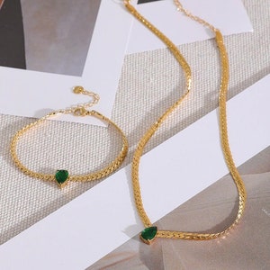 Emerald Green Zircon Snake Chain Necklace: Waterproof Dainty Herringbone Chain