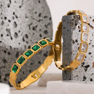 Emerald Diamond Bangle Bracelet, Square Cz Bracelet, Statement Gold Bracelet, Dainty Green Gemstone Bracelet, Stackable Crystal Bangle