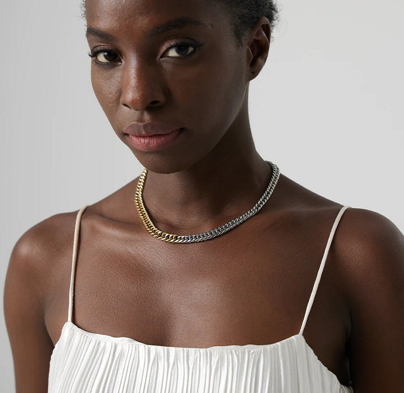 Chunky Cuban Chain Wide Curb Chain Choker Two Tone Cuban Link Waterproof Chain Choker Gold Chain Necklace Thick Layered Chain Necklace